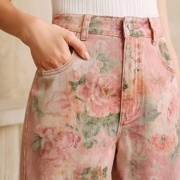 Pink Casual Women's Printed Jeans - Picture 7 of 7